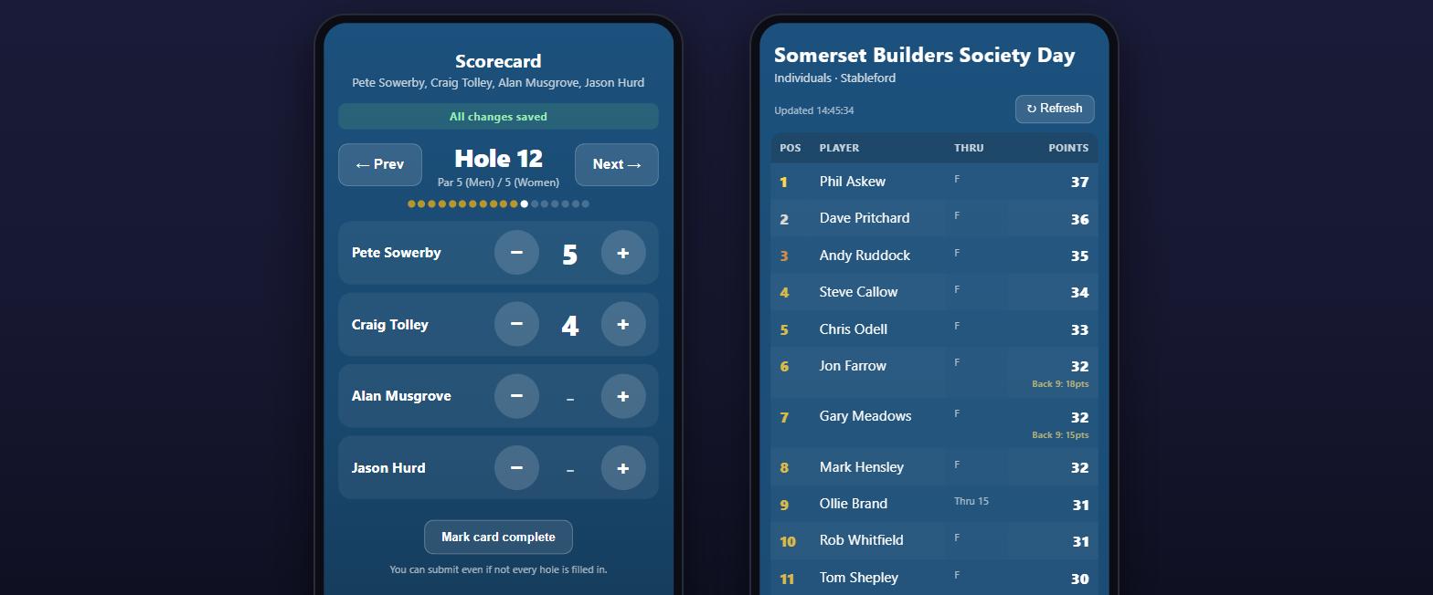 Two phone screens: a group's scorecard being filled in hole by hole, and the live leaderboard as the guests see it